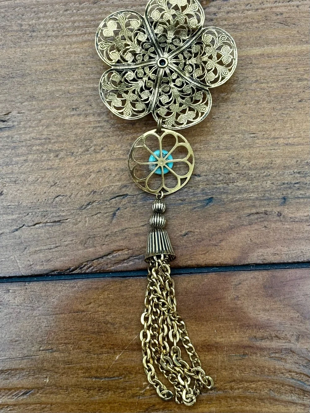 Gold-Tone Floral Filigree Pendant Necklace with Purple and Blue Accents